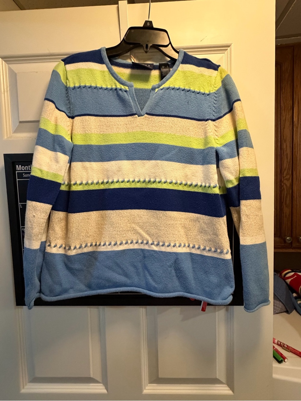 Striped V-Neck Sweater in Blue, Navy, Lime & Cream